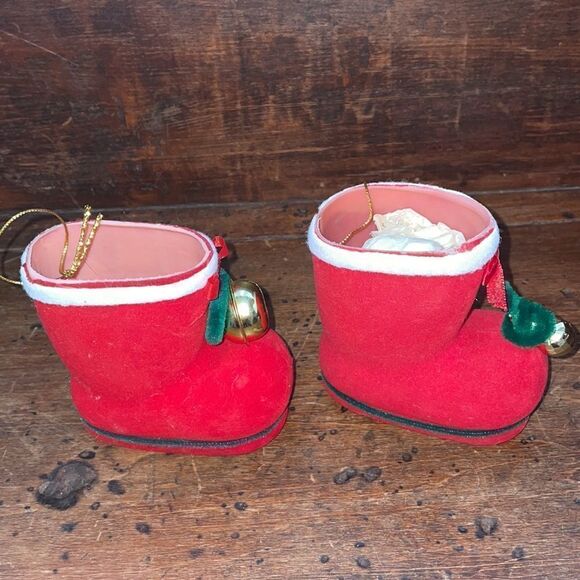 2 vintage red flocked Santa boot ornaments with bells - Picture 2 of 7